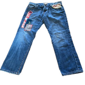CABI embroidered distressed patchwork jeans, size 4